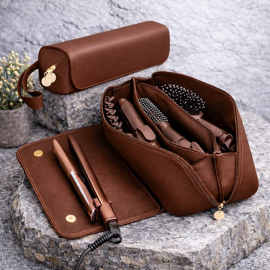 Bolsa de herramientas para el cabello de cuero con alfombrilla resistente al calor