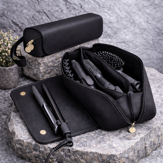 Bolsa de herramientas para el cabello de cuero con alfombrilla resistente al calor